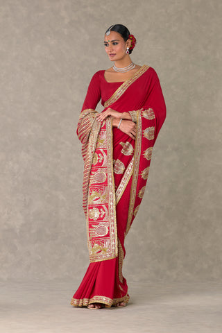 House Of Masaba-Red Son-Patti Sari And Unstitched Blouse-INDIASPOPUP.COM