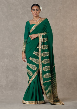 House Of Masaba-Dark Green Son-Patti Sari And Unstitched Blouse-INDIASPOPUP.COM