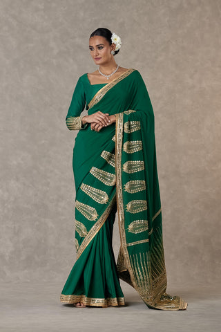 House Of Masaba-Dark Green Son-Patti Sari And Unstitched Blouse-INDIASPOPUP.COM