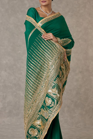 House Of Masaba-Dark Green Son-Patti Sari And Unstitched Blouse-INDIASPOPUP.COM