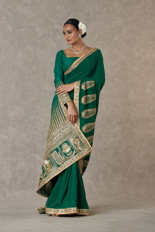 House Of Masaba-Dark Green Son-Patti Sari And Unstitched Blouse-INDIASPOPUP.COM