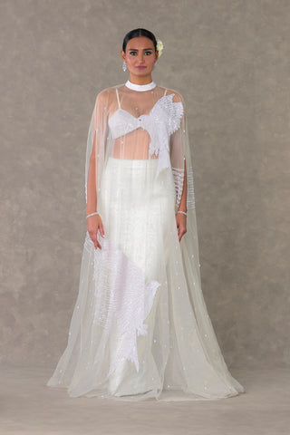 House Of Masaba-White Son Chidiya Skirt And Cape Set-INDIASPOPUP.COM