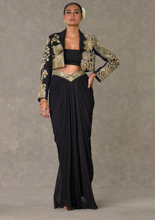 House Of Masaba-Black Cropped Blazer And Draped Skirt Set-INDIASPOPUP.COM