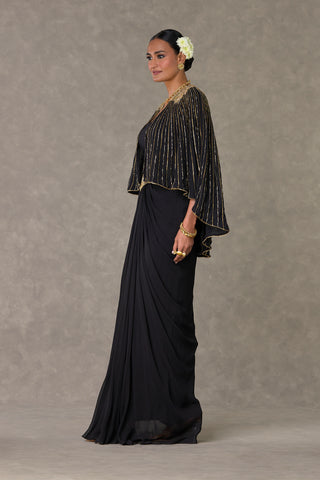 House Of Masaba-Black Draped Skirt And Cape Set-INDIASPOPUP.COM