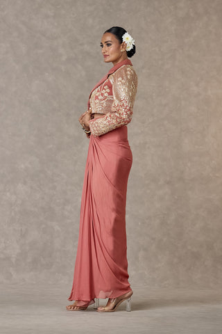 House Of Masaba-Salmon Son-Chidiya Cropped Blazer And Skirt Set-INDIASPOPUP.COM