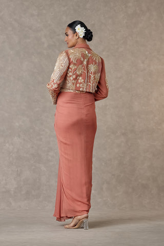 House Of Masaba-Salmon Son-Chidiya Cropped Blazer And Skirt Set-INDIASPOPUP.COM