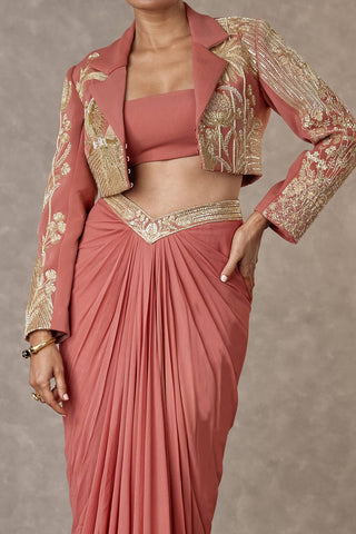 House Of Masaba-Salmon Son-Chidiya Cropped Blazer And Skirt Set-INDIASPOPUP.COM