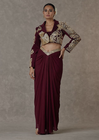 House Of Masaba-Plum Cropped Blazer And Draped Skirt Set-INDIASPOPUP.COM