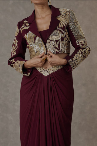 House Of Masaba-Plum Cropped Blazer And Draped Skirt Set-INDIASPOPUP.COM