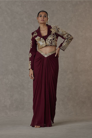 House Of Masaba-Plum Cropped Blazer And Draped Skirt Set-INDIASPOPUP.COM