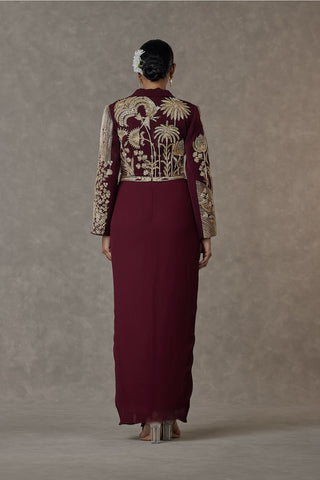 House Of Masaba-Plum Cropped Blazer And Draped Skirt Set-INDIASPOPUP.COM