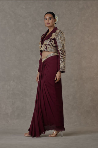House Of Masaba-Plum Cropped Blazer And Draped Skirt Set-INDIASPOPUP.COM