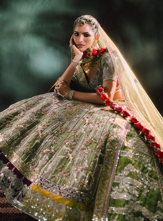 Green Aam Panna Lehenga Set by House Of Masaba available on Indiaspopup.com