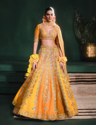 Ochre Ghevar Lehenga Set by House Of Masaba available on Indiaspopup.com