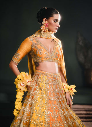 Ochre Ghevar Lehenga Set by House Of Masaba available on Indiaspopup.com