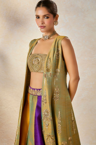 Multicolor Kesar Varak Long Jacket Lehenga Set by House Of Masaba available on Indiaspopup