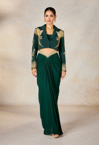 Dark green paan petha cropped blazer and skirt set