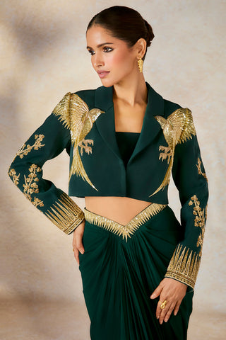 Dark green paan petha cropped blazer and skirt set