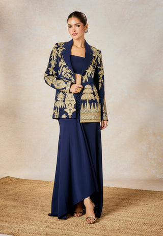 Navy Blue Sanjh Bagh Blazer And Skirt Set by House Of Masaba available on Indiaspopup