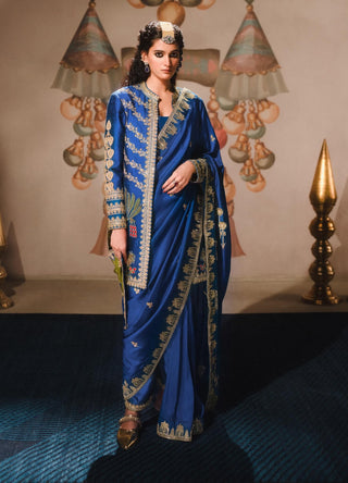 Blue Neel Bahar Sari And Jacket Set by House Of Masaba available on Indiaspopup.com