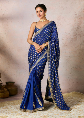 Blue Whispering Lily Crush Sari And Blouse by House Of Masaba, available on Indiaspopup.com