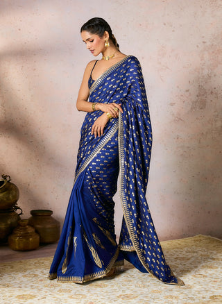 Blue Whispering Lily Crush Sari And Blouse by House Of Masaba, available on Indiaspopup.com
