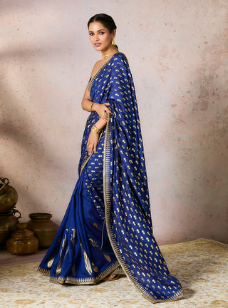 Blue Whispering Lily Crush Sari And Blouse by House Of Masaba, available on Indiaspopup.com