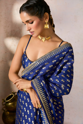 Blue Whispering Lily Crush Sari And Blouse by House Of Masaba, available on Indiaspopup.com
