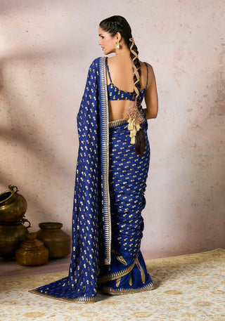 Blue Whispering Lily Crush Sari And Blouse by House Of Masaba, available on Indiaspopup.com