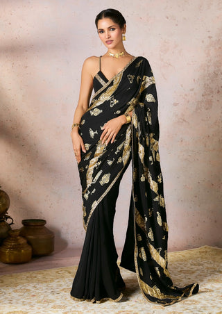 Black Potters Touch Gota Sari And Blouse by House Of Masaba, available on Indiaspopup.com