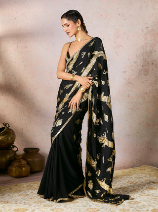 Black Potters Touch Gota Sari And Blouse by House Of Masaba, available on Indiaspopup.com