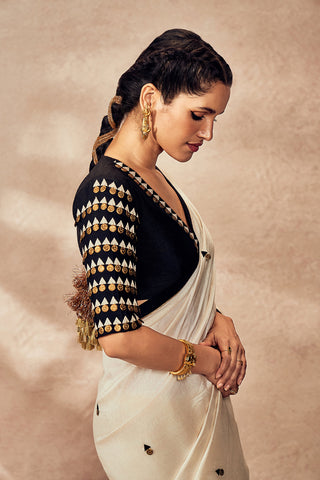Ivory Coin Work Sari And Blouse by House Of Masaba, available on Indiaspopup.com