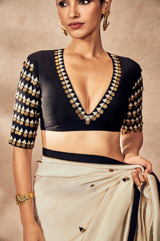 Ivory Coin Work Sari And Blouse by House Of Masaba, available on Indiaspopup.com
