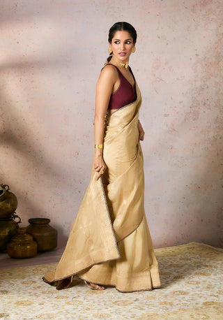 Beige Jacquard Sari And Blouse by House Of Masaba, available on Indiaspopup.com