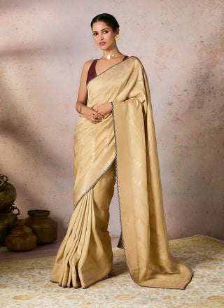 Beige Jacquard Sari And Blouse by House Of Masaba, available on Indiaspopup.com