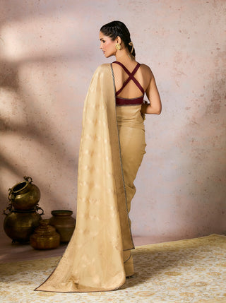 Beige Jacquard Sari And Blouse by House Of Masaba, available on Indiaspopup.com