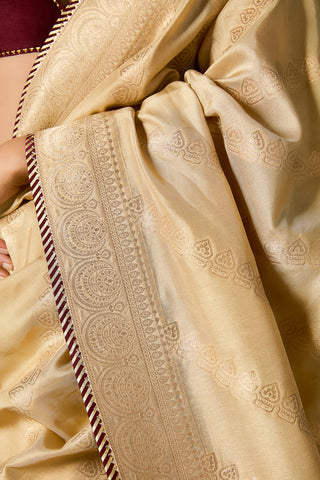 Beige Jacquard Sari And Blouse by House Of Masaba, available on Indiaspopup.com