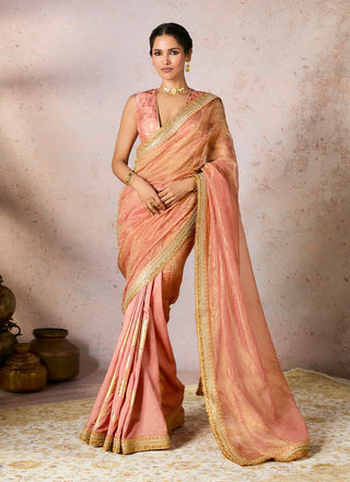 Peach Palm Blooms Tissue Sari And Blouse by House Of Masaba, available on Indiaspopup.com
