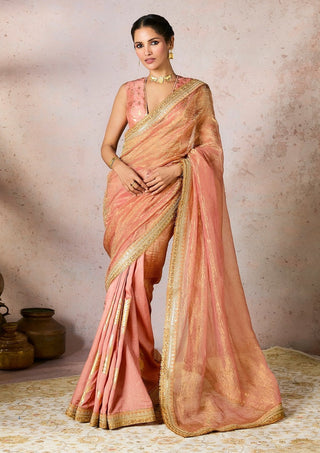 Peach Palm Blooms Tissue Sari And Blouse by House Of Masaba, available on Indiaspopup.com