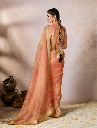Peach Palm Blooms Tissue Sari And Blouse by House Of Masaba, available on Indiaspopup.com