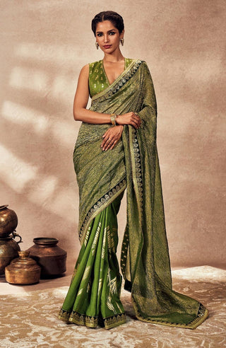 Green Palm Blooms Tissue Sari And Blouse by House Of Masaba, available on Indiaspopup.com