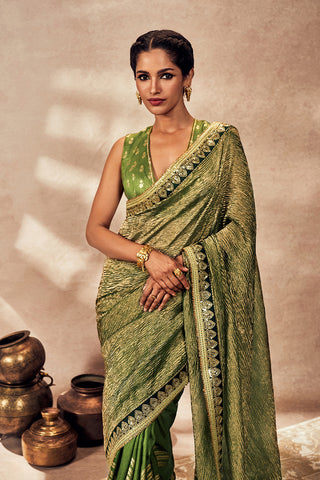 Green Palm Blooms Tissue Sari And Blouse by House Of Masaba, available on Indiaspopup.com