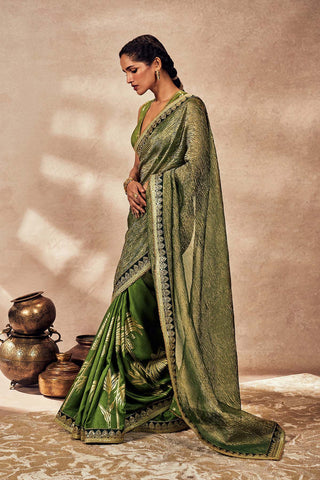 Green Palm Blooms Tissue Sari And Blouse by House Of Masaba, available on Indiaspopup.com