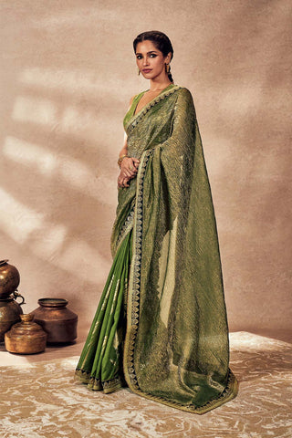 Green Palm Blooms Tissue Sari And Blouse by House Of Masaba, available on Indiaspopup.com