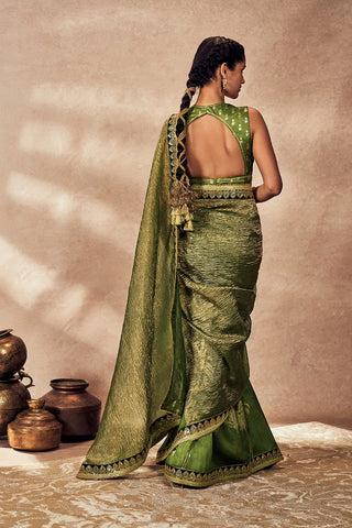 Green Palm Blooms Tissue Sari And Blouse by House Of Masaba, available on Indiaspopup.com