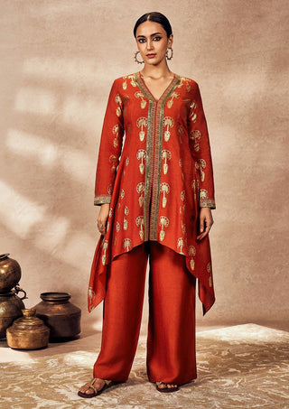 Rust Travelers Palm Foil Tunic And Pants by House Of Masaba, available on Indiaspopup.com