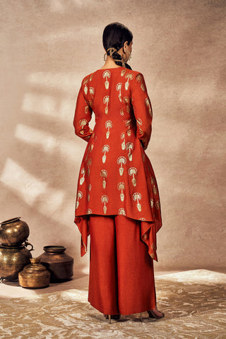 Rust Travelers Palm Foil Tunic And Pants by House Of Masaba, available on Indiaspopup.com