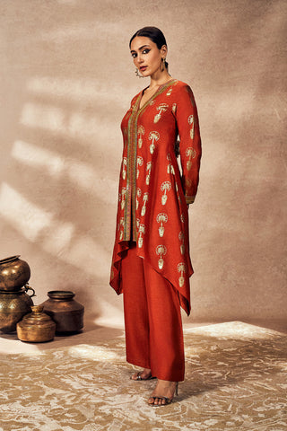 Rust Travelers Palm Foil Tunic And Pants by House Of Masaba, available on Indiaspopup.com