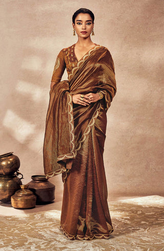 Brown Madakal Tissue Sari And Blouse by House Of Masaba, available on Indiaspopup.com