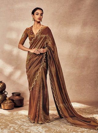 Brown Madakal Tissue Sari And Blouse by House Of Masaba, available on Indiaspopup.com